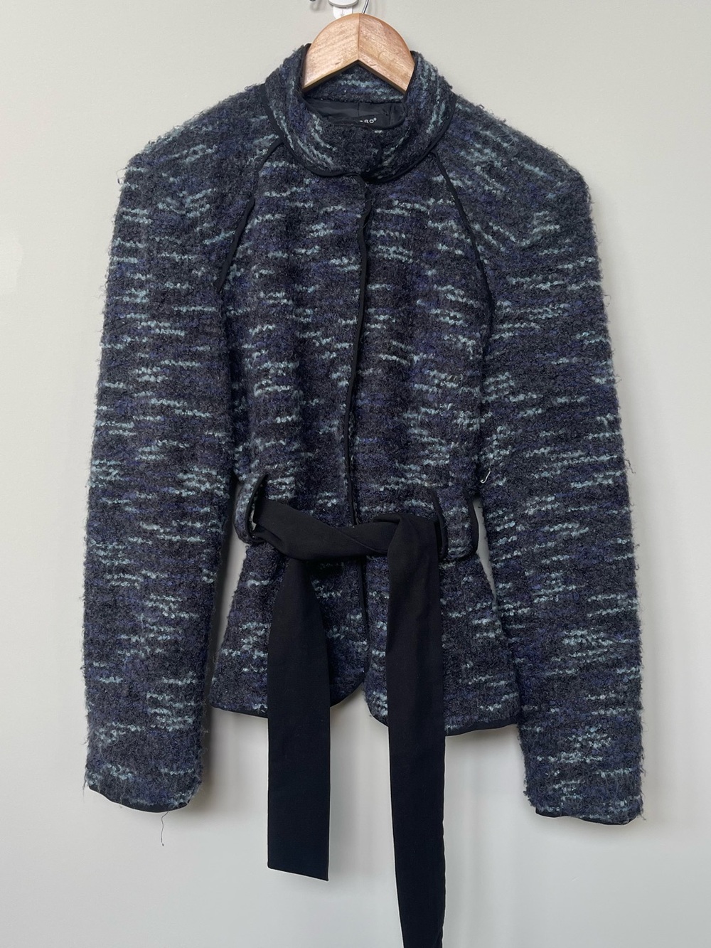 Sandro | Blue Tweed Pattern Boucle Knit Belted Coat Mandarin Collar Wool Blend